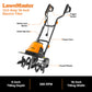 LawnMaster 13.5-Amp 18-Inch Electric Tiller with labeled parts on a white background