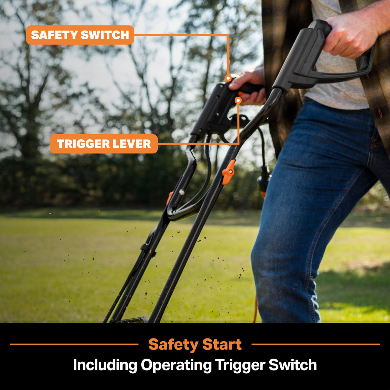 Person using an electric tiller with labeled safety switch and trigger lever, set against a grassy outdoor background.