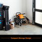 Orange and black tiller in a garage with storage bins and tools.
