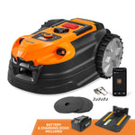 Robotic lawn mower with accessories on a white background