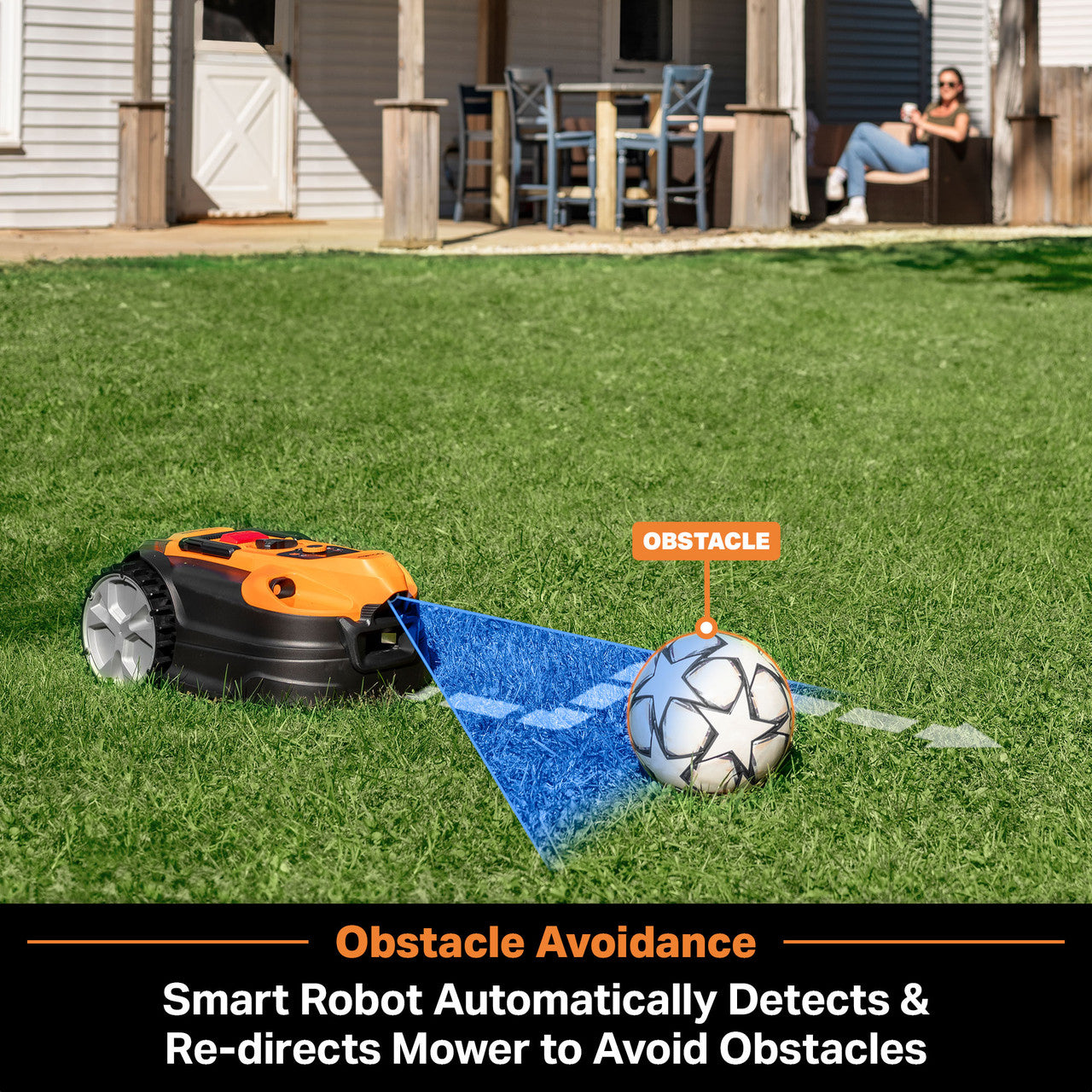 Robotic lawn mower on grass with obstacle detection feature highlighted