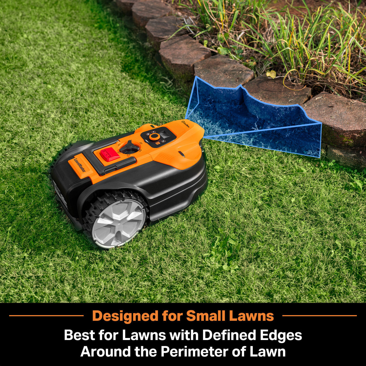Robotic lawn mower on a grassy area with text indicating it's designed for small lawns.