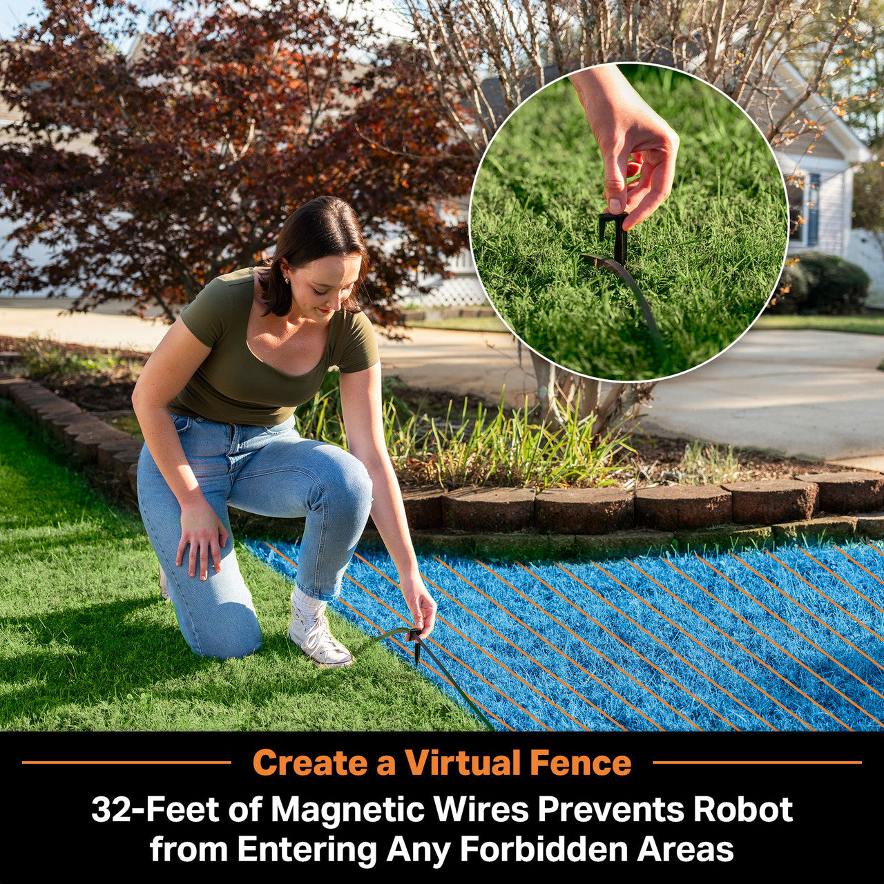 Woman setting up a magnetic wire system on grass with an inset showing the product in use.