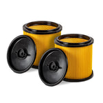 Two pleated air filters with yellow bodies, black tops, and black replacement filter housings, arranged on a clean white background.