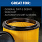 A yellow pleated air filter with a black rim and mesh top, shown with a detached black cap on a dark background. White text at the top reads 'GREAT FOR:' followed by use cases including general dirt and debris, saw dust, and automotive dirt and debris.