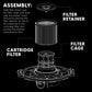 Instruction diagram showing how to assemble a replacement filter kit, with labeled parts including the filter retainer, cartridge filter, and filter cage on a black background.