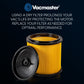 Vacmaster yellow pleated dry air filter with a black top and base, shown with its black plastic cap removed against a dark blue background with product text.