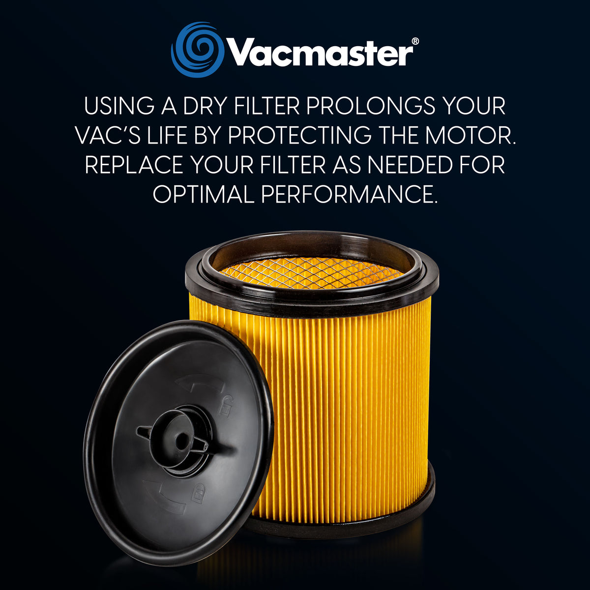 Vacmaster yellow pleated dry air filter with a black top and base, shown with its black plastic cap removed against a dark blue background with product text.