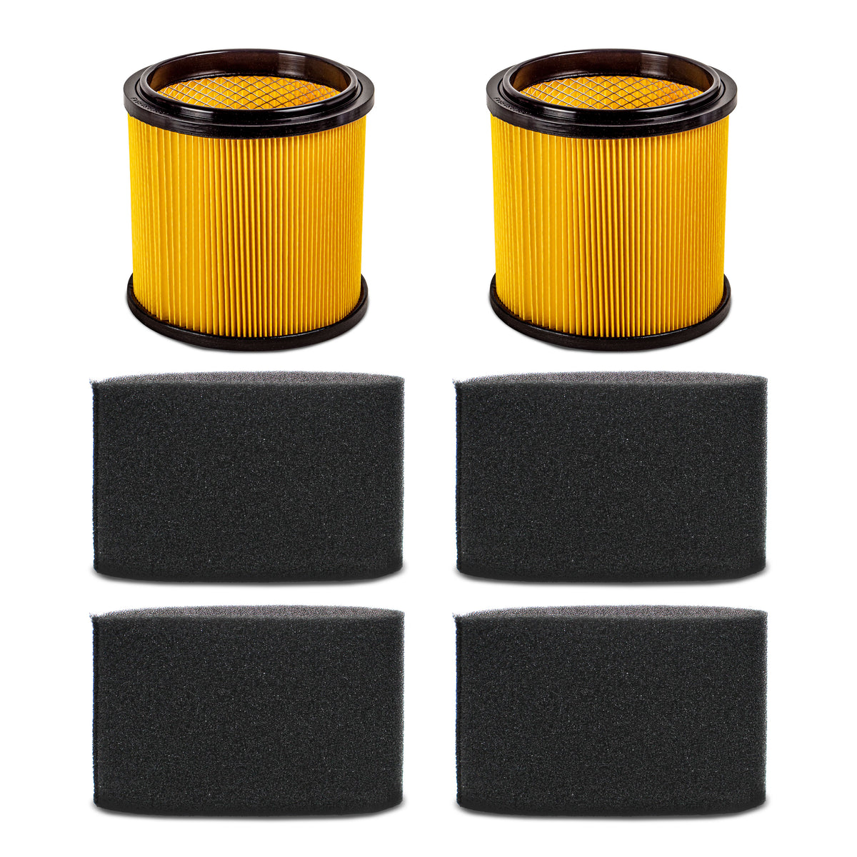 Two cartridge filters and four foam filters   on a white background