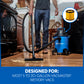 A man using a blue and black Vacmaster wet/dry vacuum cleaner in a kitchen, with a circular inset showing a yellow filter and text at the bottom stating 'DESIGNED FOR: MOST 5 TO 20-GALLON VACMASTER WET/DRY VACS'.