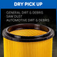 Cartridge filter on black background, says it s for general dirt and debris, saw dust, automotive dirt and debris.
