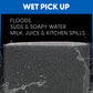 Foam filter on black background, text says it is for floods, suds and soapy water, milk, juice and kitchen spills