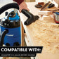 VacMaster 8-10 gallon wet/dry vacuum with brush attachment cleaning wood sawdust from workbench.