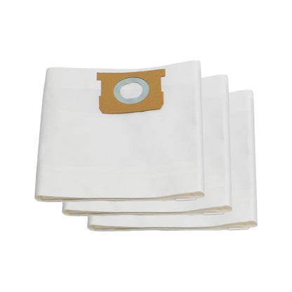 Three white vacuum cleaner dust bags with brown filter tabs and circular openings