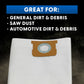 Vacuum filter bag with brown and blue design labeled "Great For: General Dirt & Debris, Saw Dust, Automotive Dirt & Debris"