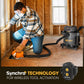 A man uses the wet/dry vacuum to clean up on a construction site while using a saw. Text about Synchro technology for wireless tool activation.