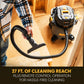 27ft of cleaning reach. A close-up of a finger pressing a button on the vacuum remote control