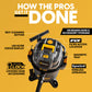 How the pros get the job done. Black vacuum on orange background with different parts pointed out.