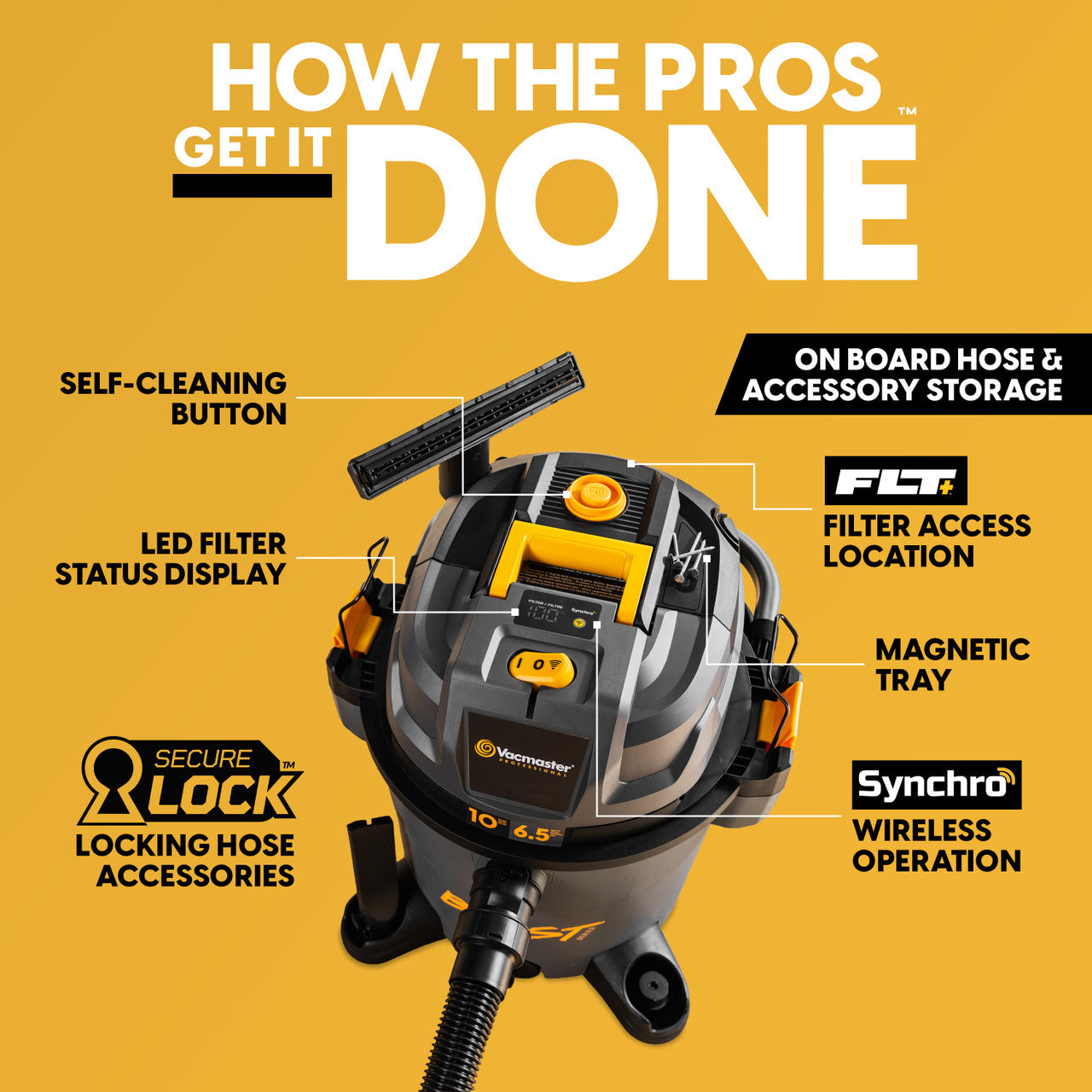 How the pros get the job done. Black vacuum on orange background with different parts pointed out.