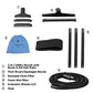 Image of included accessories which are a 3-in-1 utility nozzle with brush and pet hair rake, a floor brush/squeegee nozzle, a reusable cloth filter, a foam wet filter, 3 extension wands, and a hose.