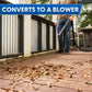 Image of a man from the shoulders down holding a hose with extension wands blowing leaves on an outdoor wooden deck. Text reads, "converts to a blower."