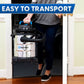 Image of a woman from the upper arms down walking through a doorway holding a shiny stainless steel wet/dry vacuum with text that reads, "easy to transport."