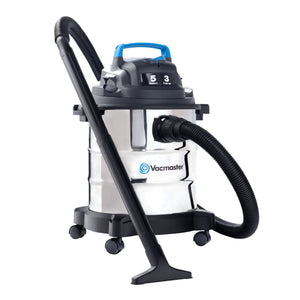 Image of a shiny stainless steel wet/dry vacuum with hose with extension wands and floor nozzle shown in front.
