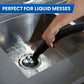 Image of a hand holding a hose in a sink drain, water pooled above it. Text reads, "perfect for liquid messes."