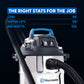 Image of a stainless steel wet/dry vacuum on black background with text that reads, "the right stats for the job. CFM 65, water lift 56", air watts 135."