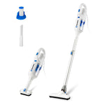 A cordless stick vacuum cleaner shown in two configurations on a white background, along with a small blue-and-white accessory piece and a narrow attachment nozzle. The vacuum body is predominantly white with blue accents and a transparent dust bin.