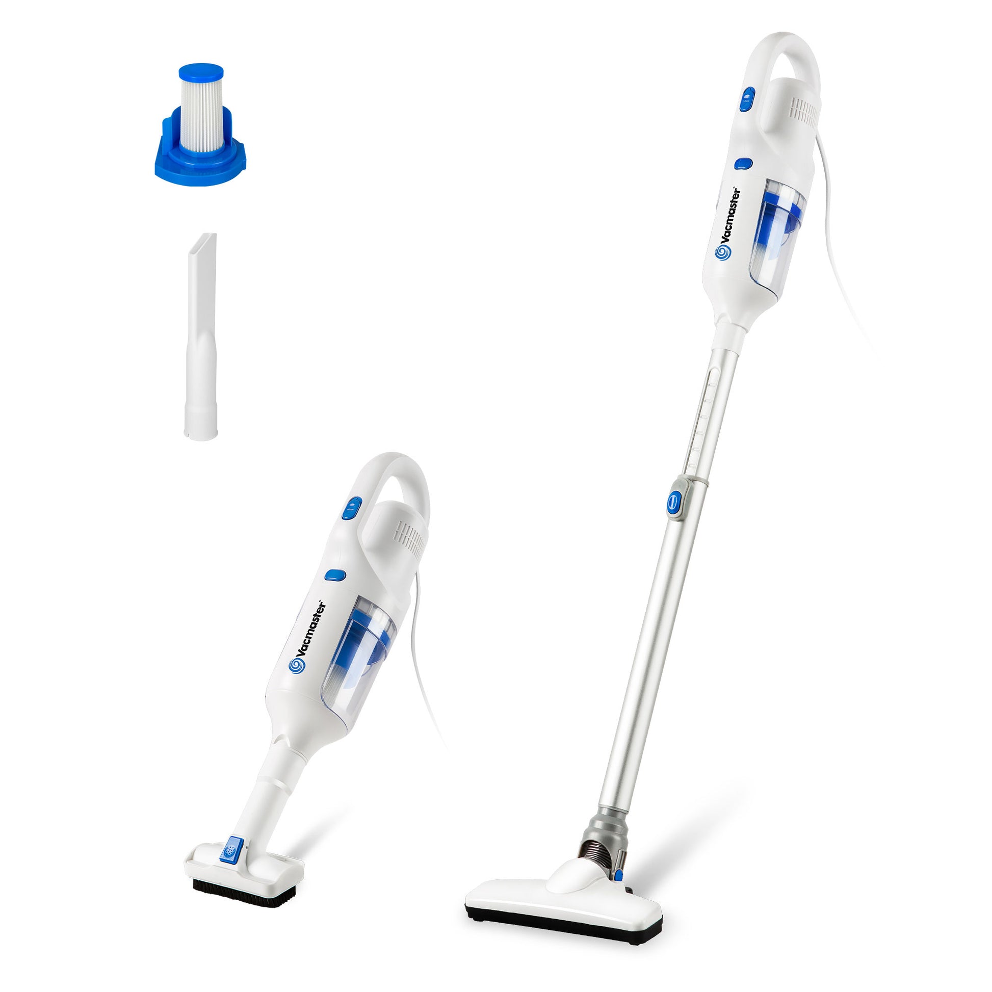A cordless stick vacuum cleaner shown in two configurations on a white background, along with a small blue-and-white accessory piece and a narrow attachment nozzle. The vacuum body is predominantly white with blue accents and a transparent dust bin.