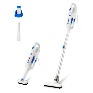 A cordless stick vacuum cleaner shown in two configurations on a white background, along with a small blue-and-white accessory piece and a narrow attachment nozzle. The vacuum body is predominantly white with blue accents and a transparent dust bin.