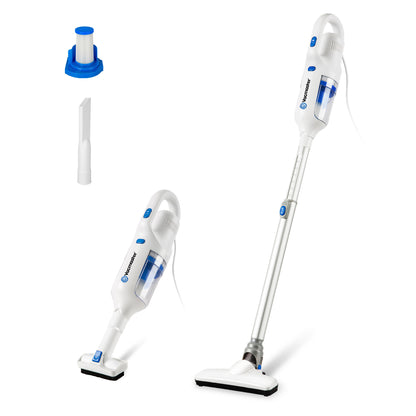 A cordless stick vacuum cleaner shown in two configurations on a white background, along with a small blue-and-white accessory piece and a narrow attachment nozzle. The vacuum body is predominantly white with blue accents and a transparent dust bin.