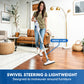 A woman in a living room uses a white and blue cordless stick vacuum cleaner on a hardwood floor. The image includes text overlays highlighting the vacuum's features: 'UNDER 4 LBS.