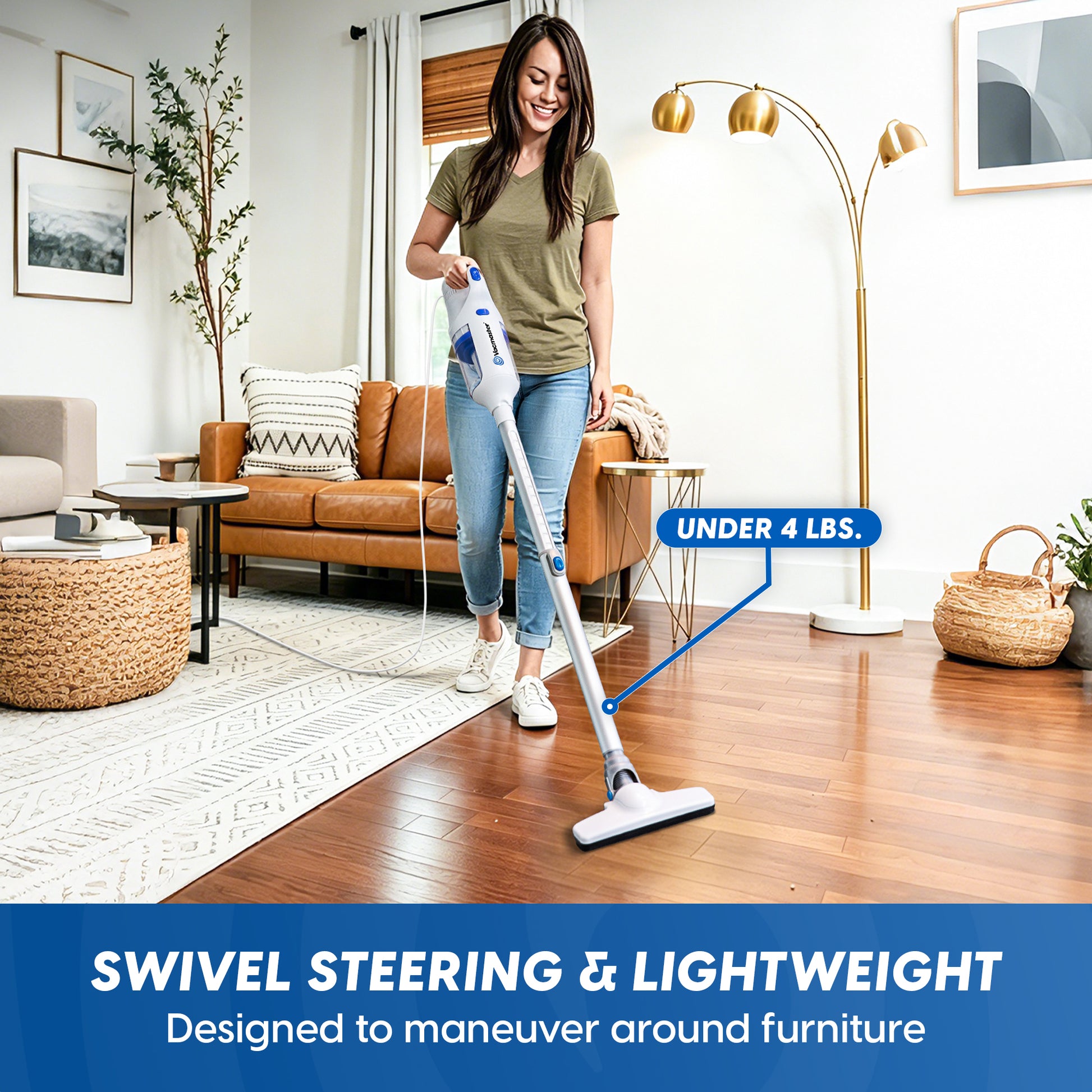 A woman in a living room uses a white and blue cordless stick vacuum cleaner on a hardwood floor. The image includes text overlays highlighting the vacuum's features: 'UNDER 4 LBS.
