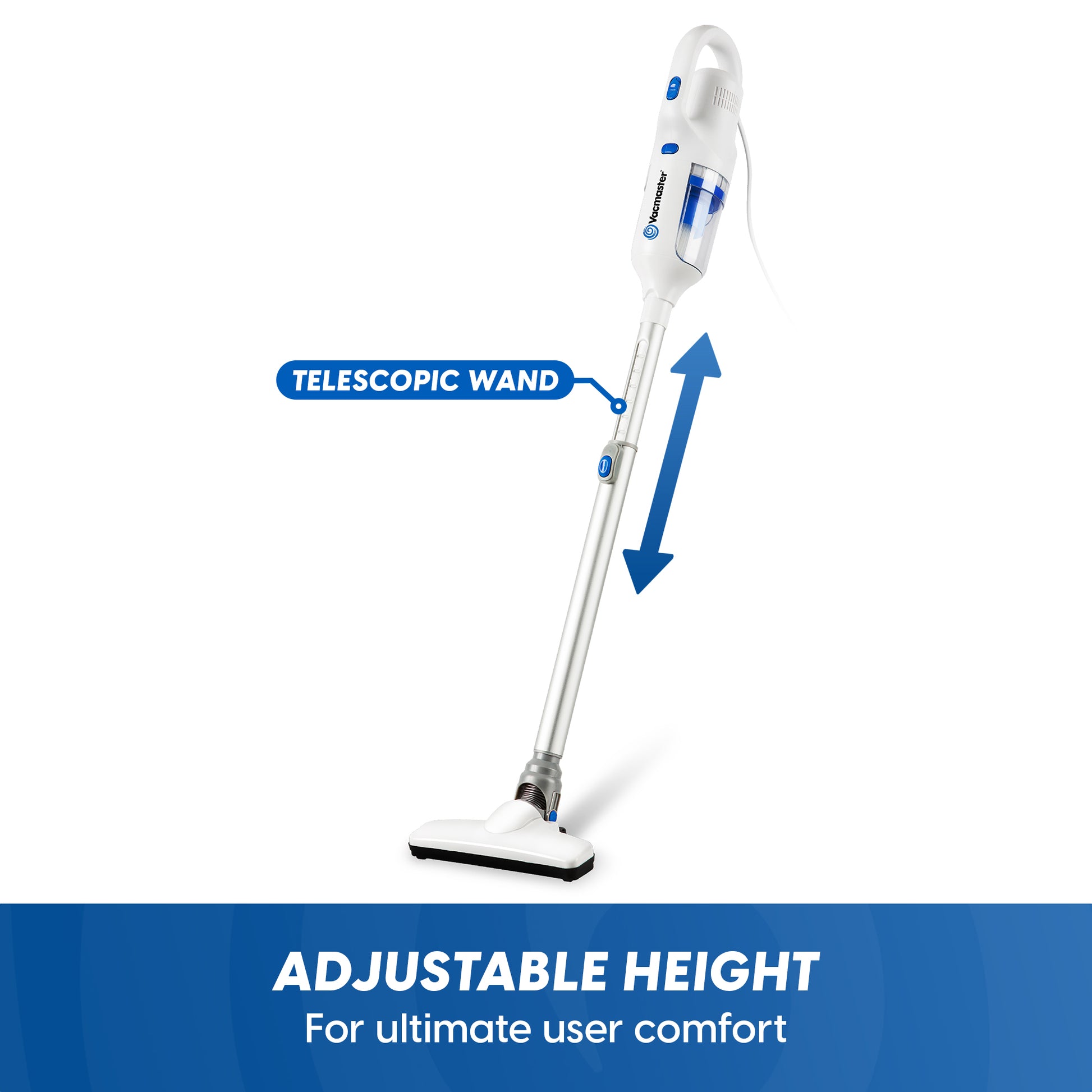 A cordless stick vacuum cleaner with a telescopic wand and blue adjustment arrows, shown on a white background with text reading 'TELESCOPIC WAND' and 'ADJUSTABLE HEIGHT For ultimate user comfort'.