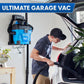Person using a garage vacuum cleaner with text 'Ultimate Garage Vac' above.