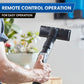 Hand holding a black vacuum hose with text 'Remote Control Operation for Easy Operation' on a blurred background.