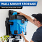 Person using a blue vacuum cleaner with wall mount storage and quick release lever.