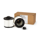 Vacmaster filter cartridge 2-pack with pleated white and mesh filters, black caps, and cardboard box.