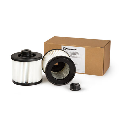Vacmaster filter cartridge 2-pack with pleated white and mesh filters, black caps, and cardboard box.