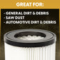 Pleated air filter with black rim on gold background listing uses for general dirt & debris, saw dust, and automotive dirt & debris