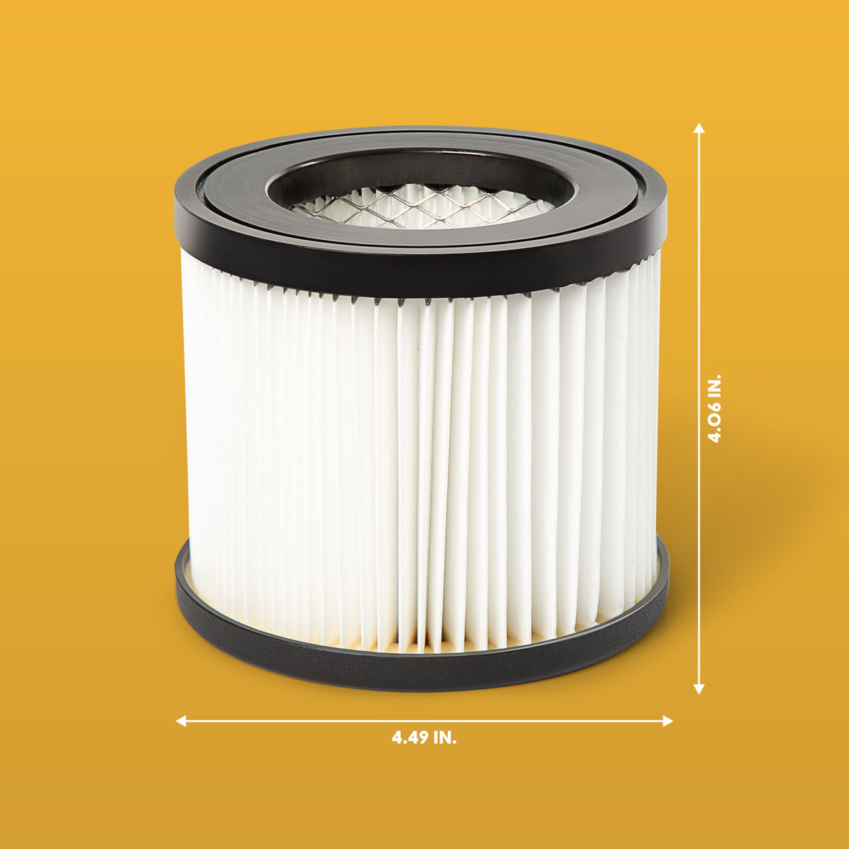 Cylindrical air filter with pleated white media and black endcaps, 4.49 in. wide × 4.06 in. tall