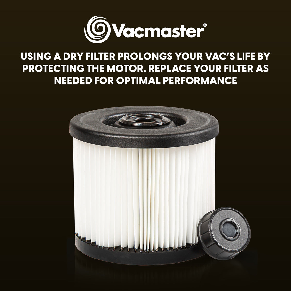 Vacmaster dry filter cartridge with black top and cap displayed against dark background.