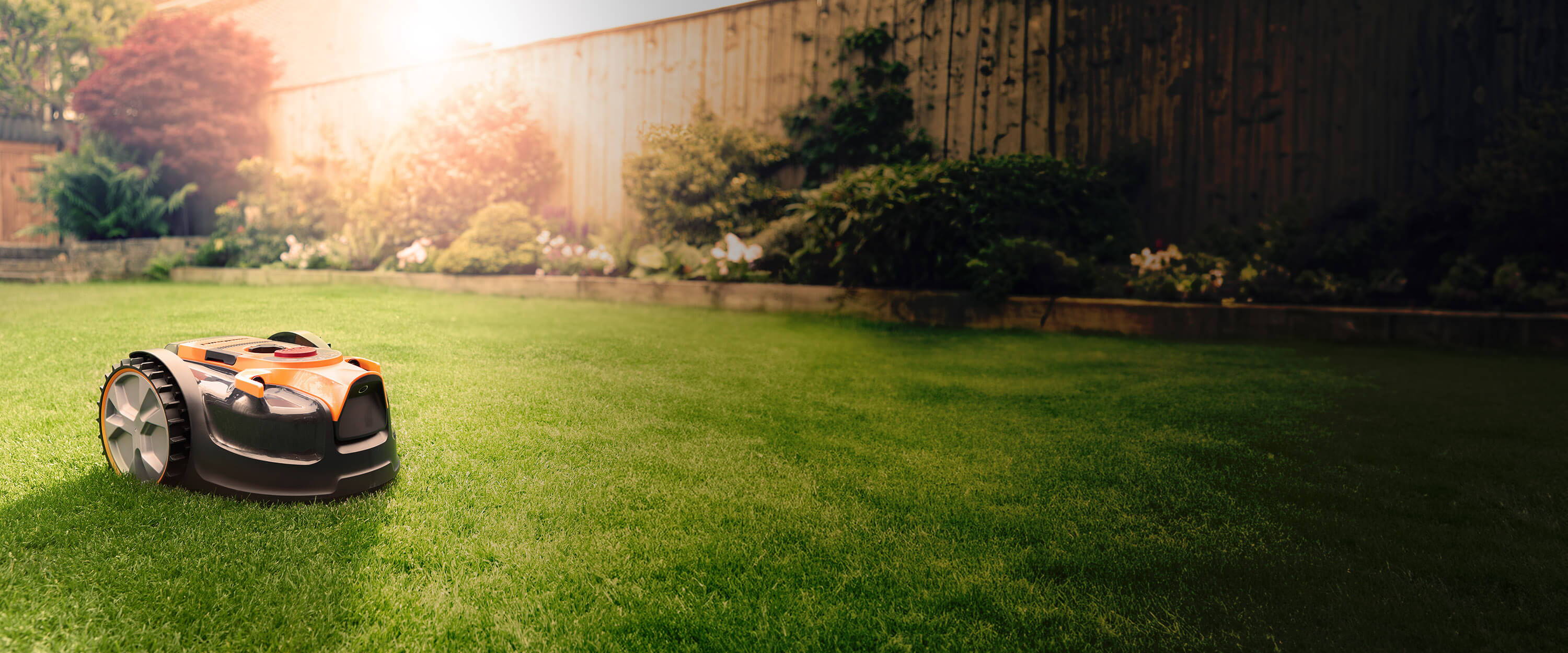 A robotic lawnmower sits on a green grass lawn in a backyard with a wooden fence, trees, and warm sunlight streaming through the background.